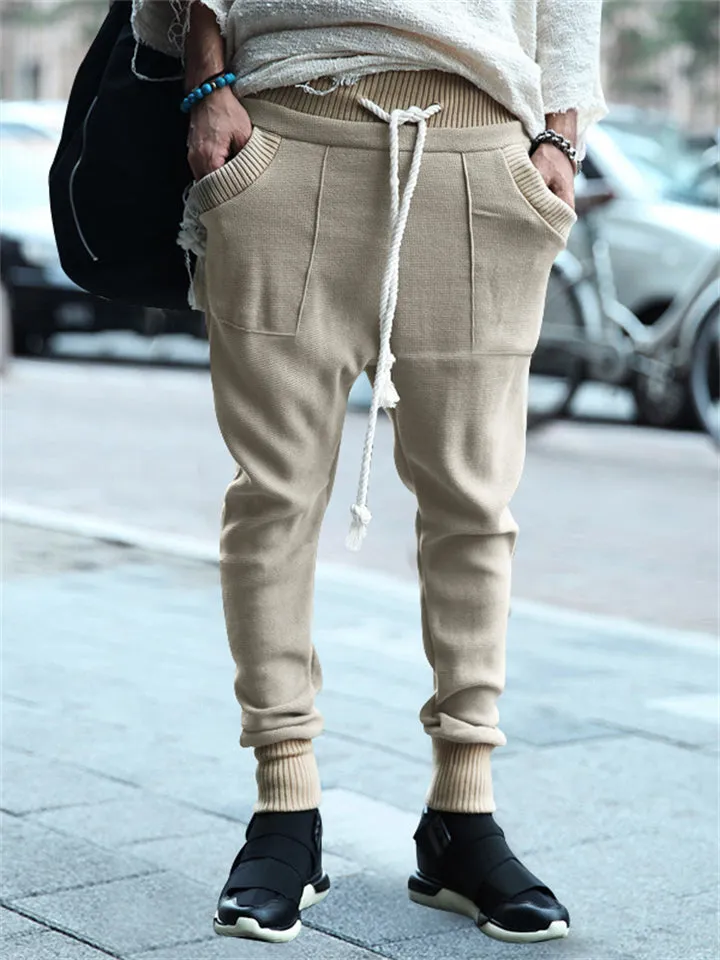 Trendy Contrast Color Drawstring Knitted Casual Pants for Men