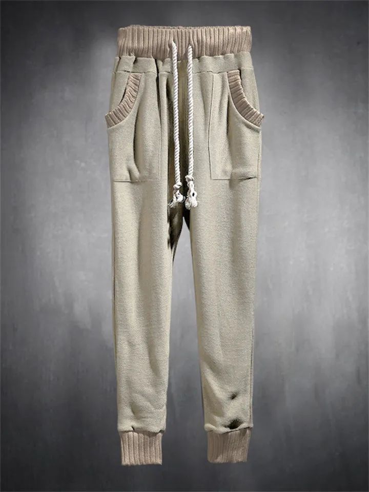 Trendy Contrast Color Drawstring Knitted Casual Pants for Men
