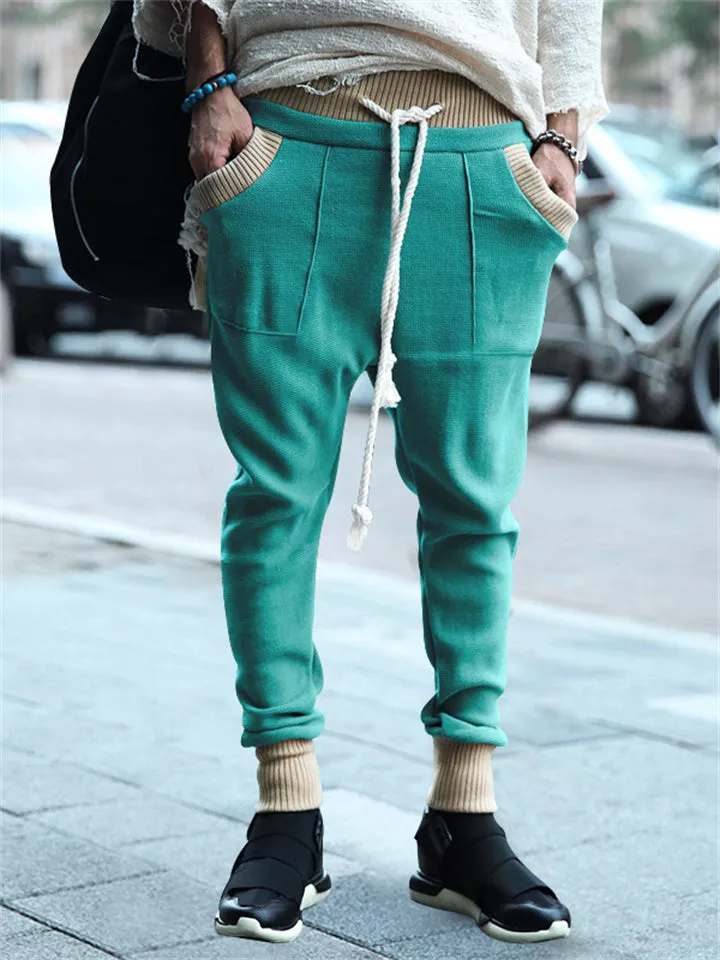 Trendy Contrast Color Drawstring Knitted Casual Pants for Men