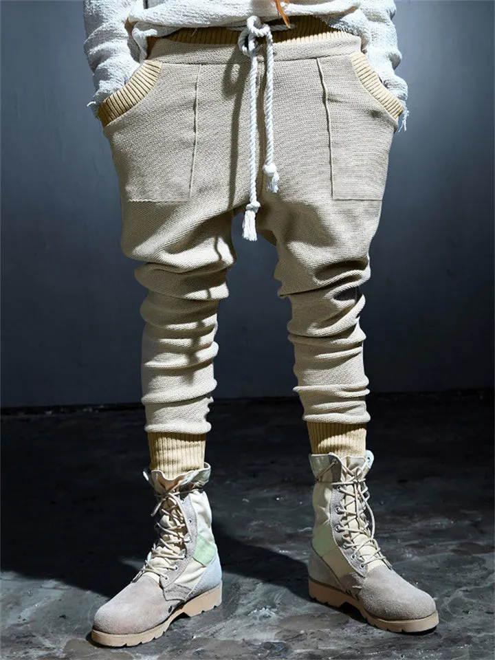 Trendy Contrast Color Drawstring Knitted Casual Pants for Men
