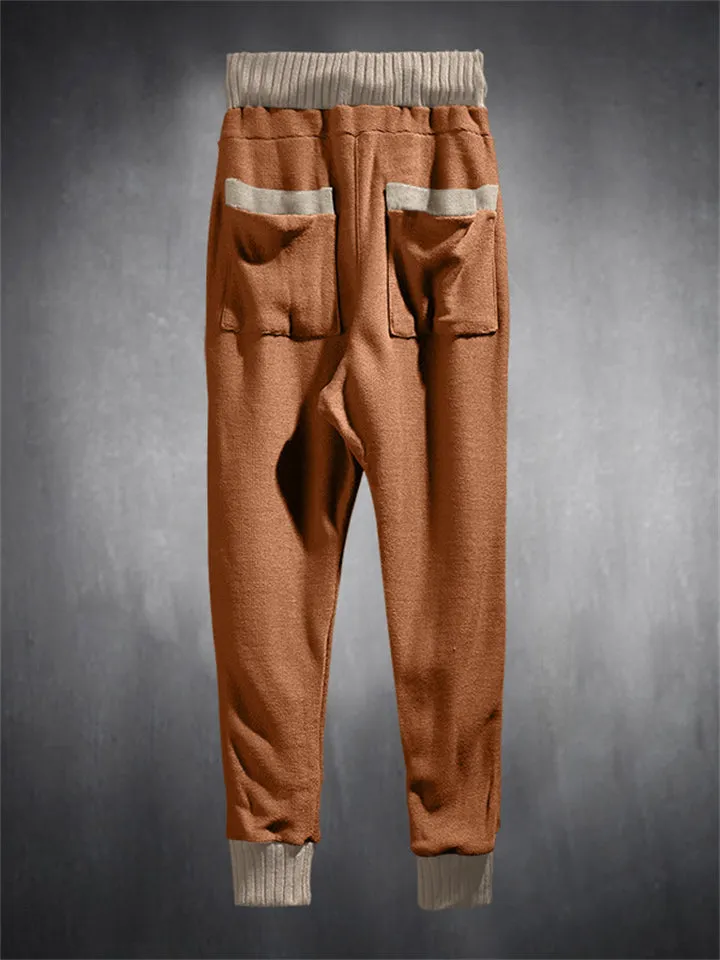 Trendy Contrast Color Drawstring Knitted Casual Pants for Men