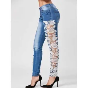 Trendy Style Crochet Flower Splicing Jeans For Women - Light Blue S