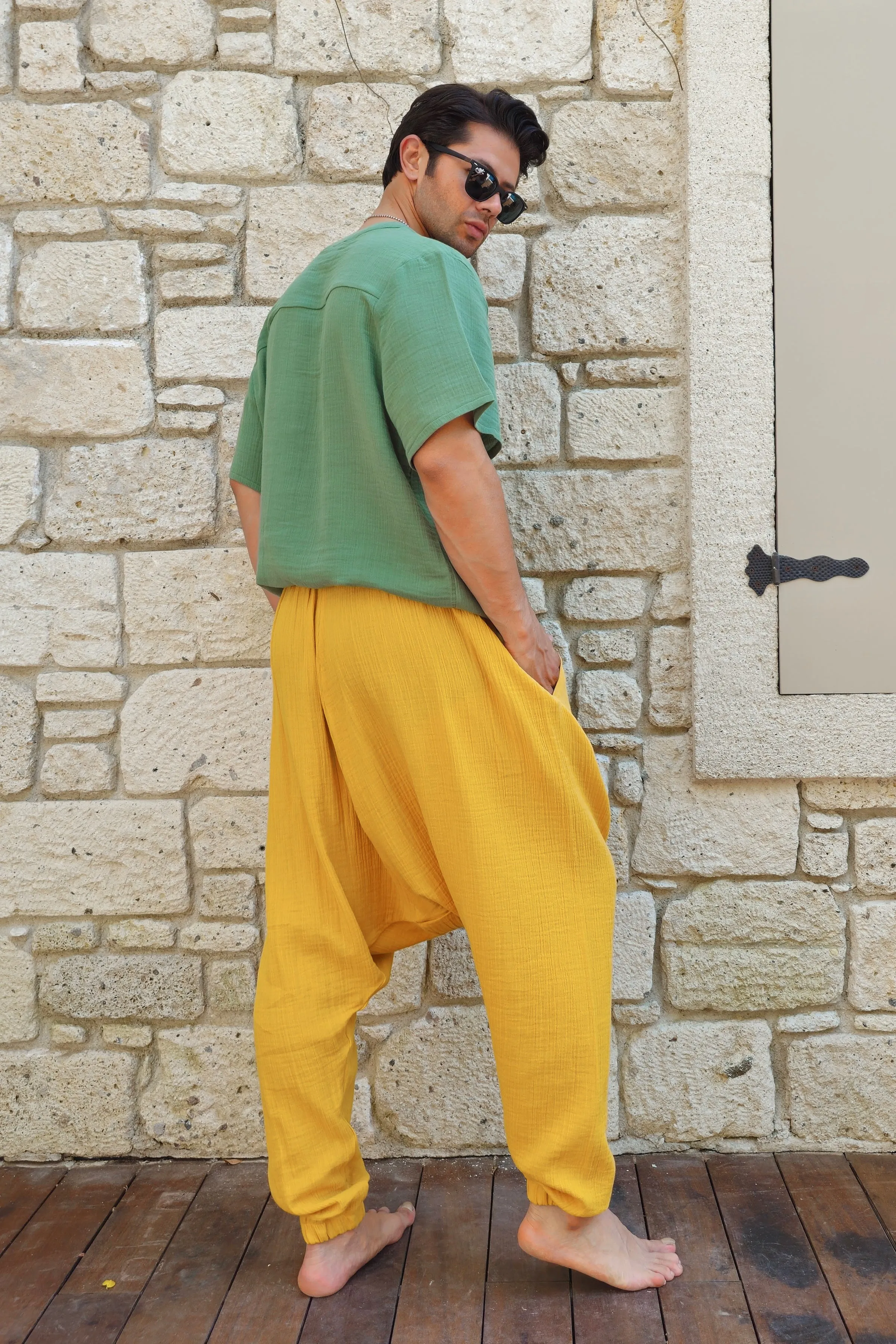 TRIBAL Gender Neutral Organic Gauze Cotton Harem Pants (Mustard, Green)