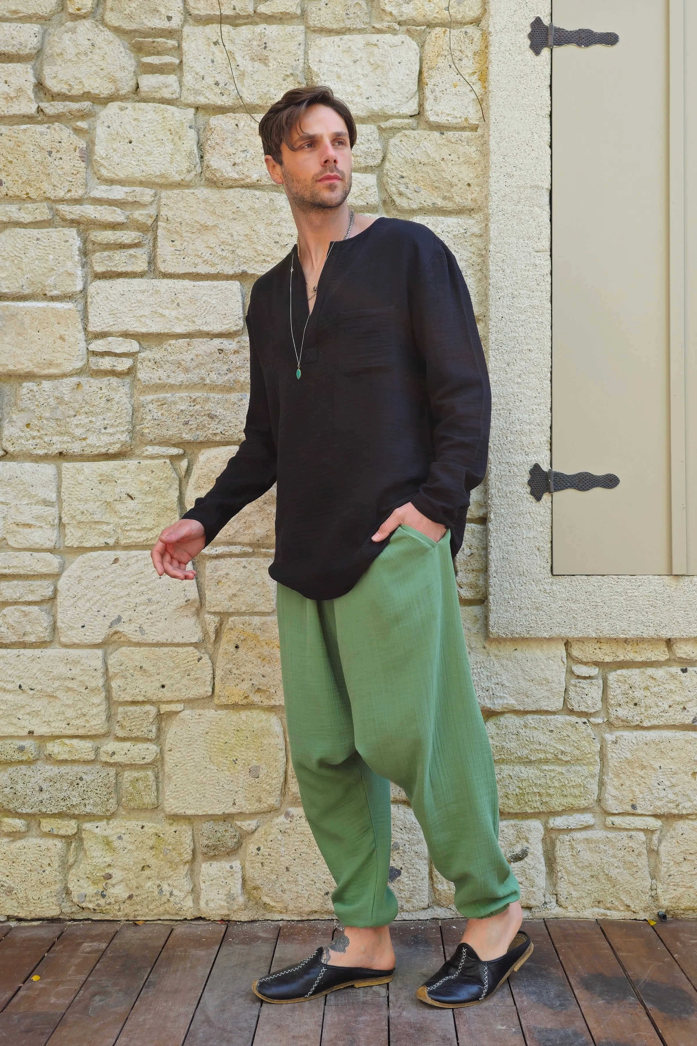 TRIBAL Gender Neutral Organic Gauze Cotton Harem Pants (Mustard, Green)