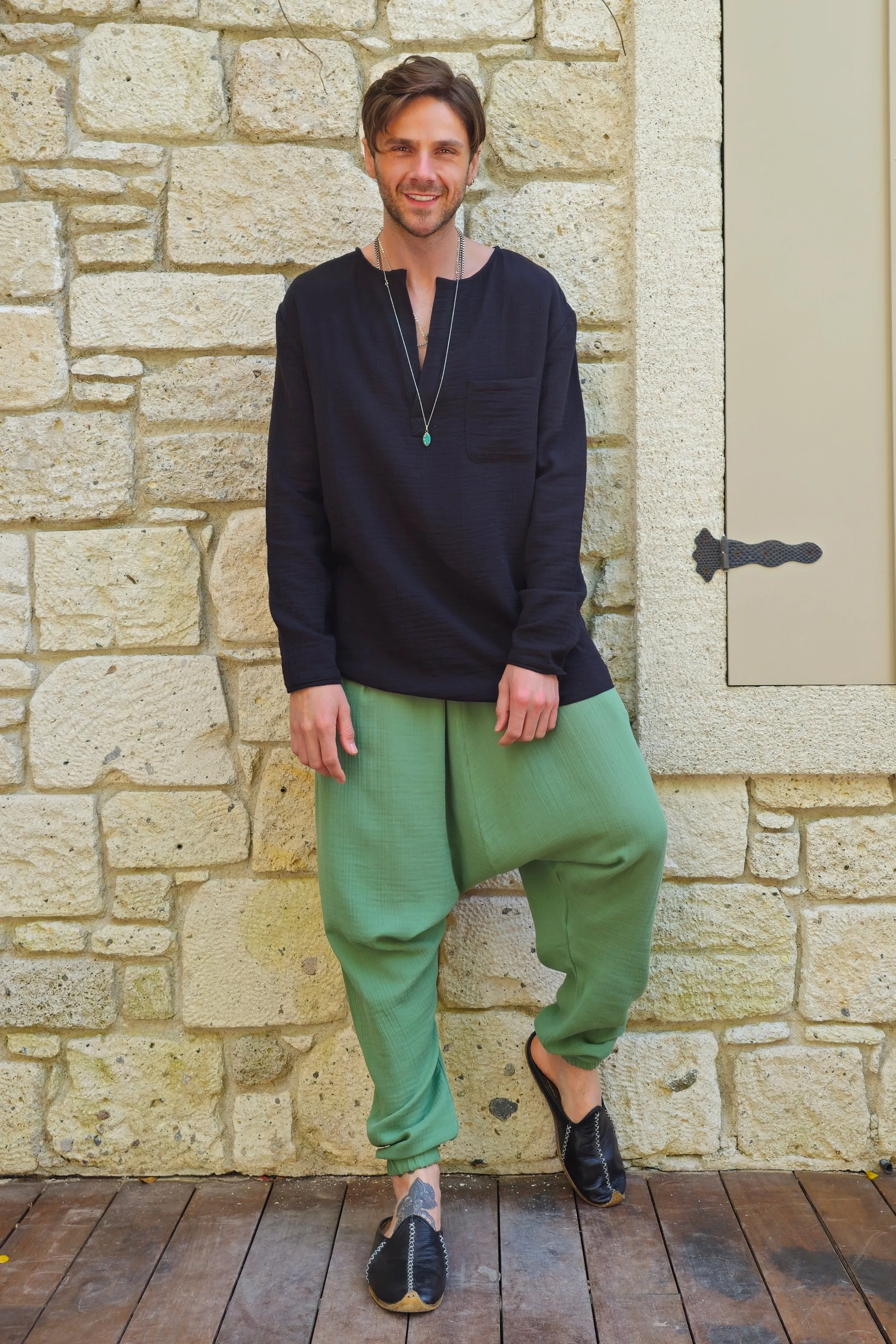TRIBAL Gender Neutral Organic Gauze Cotton Harem Pants (Mustard, Green)