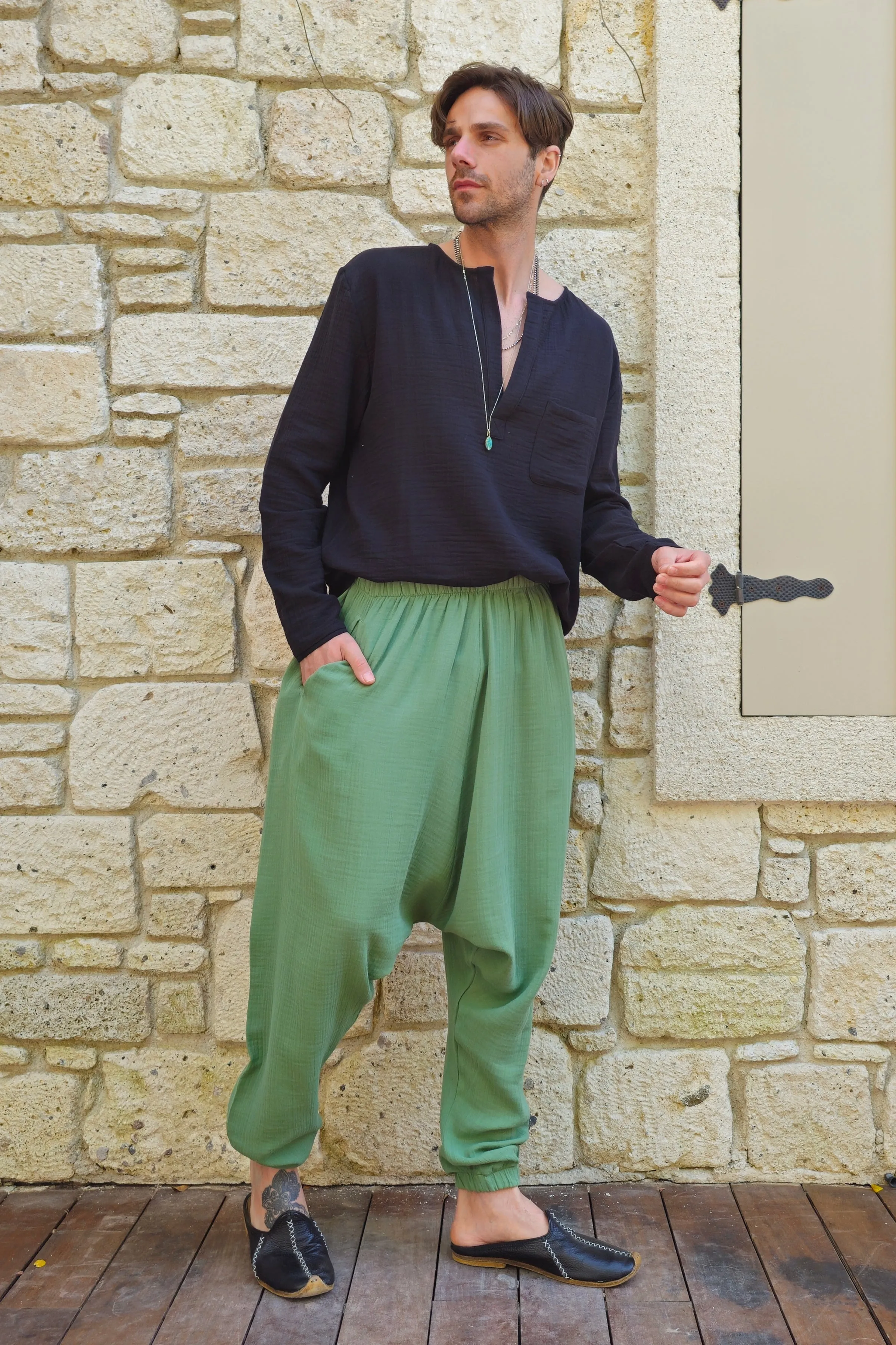 TRIBAL Gender Neutral Organic Gauze Cotton Harem Pants (Mustard, Green)