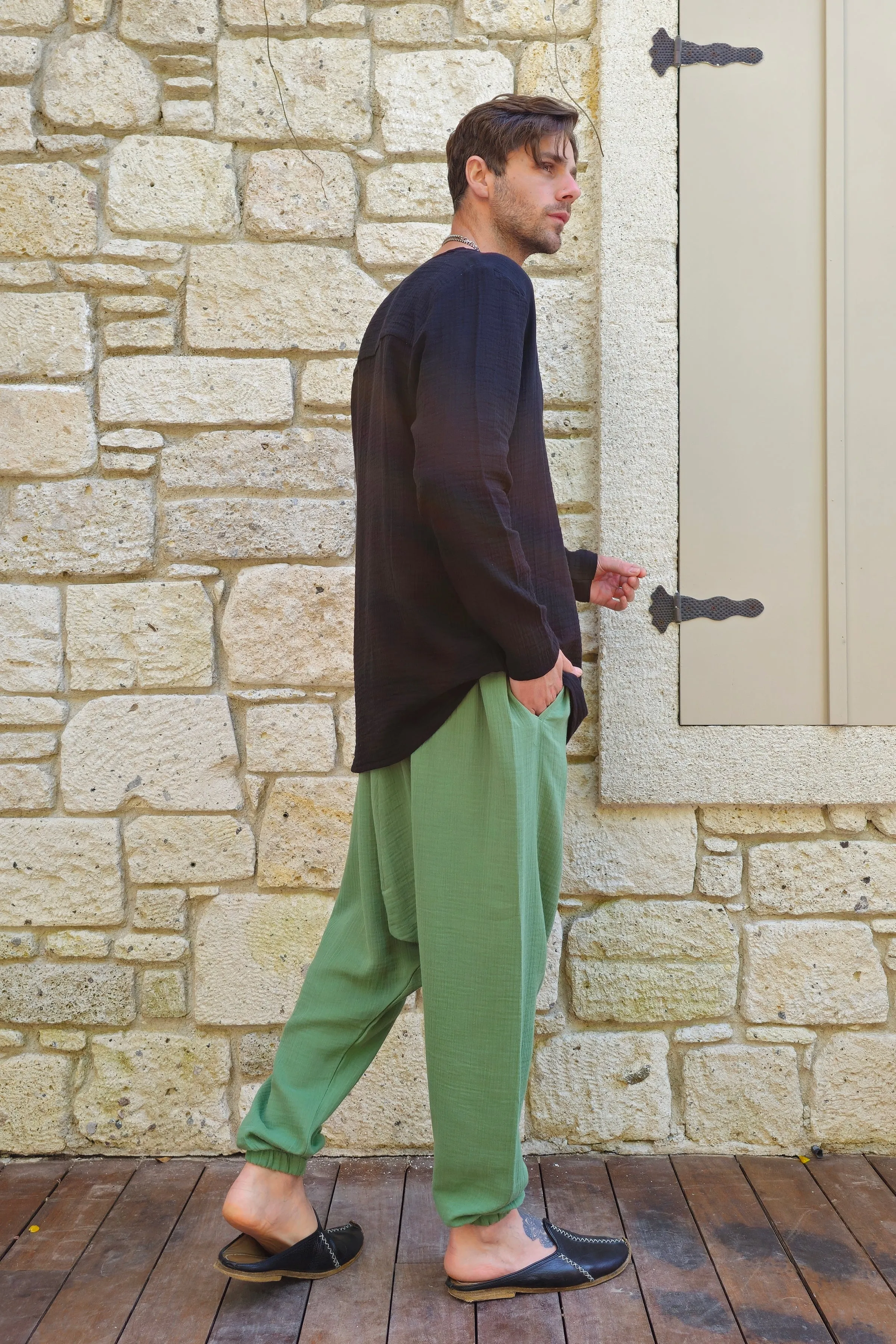 TRIBAL Gender Neutral Organic Gauze Cotton Harem Pants (Mustard, Green)