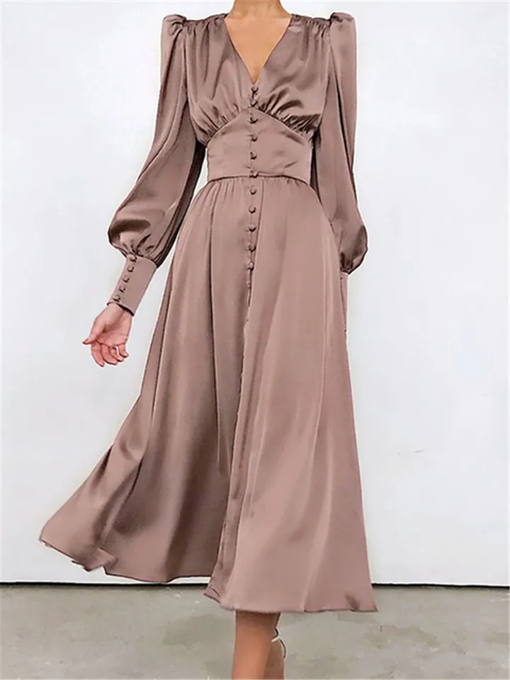 V-Neck Single Breasted High Waist Long Dress
