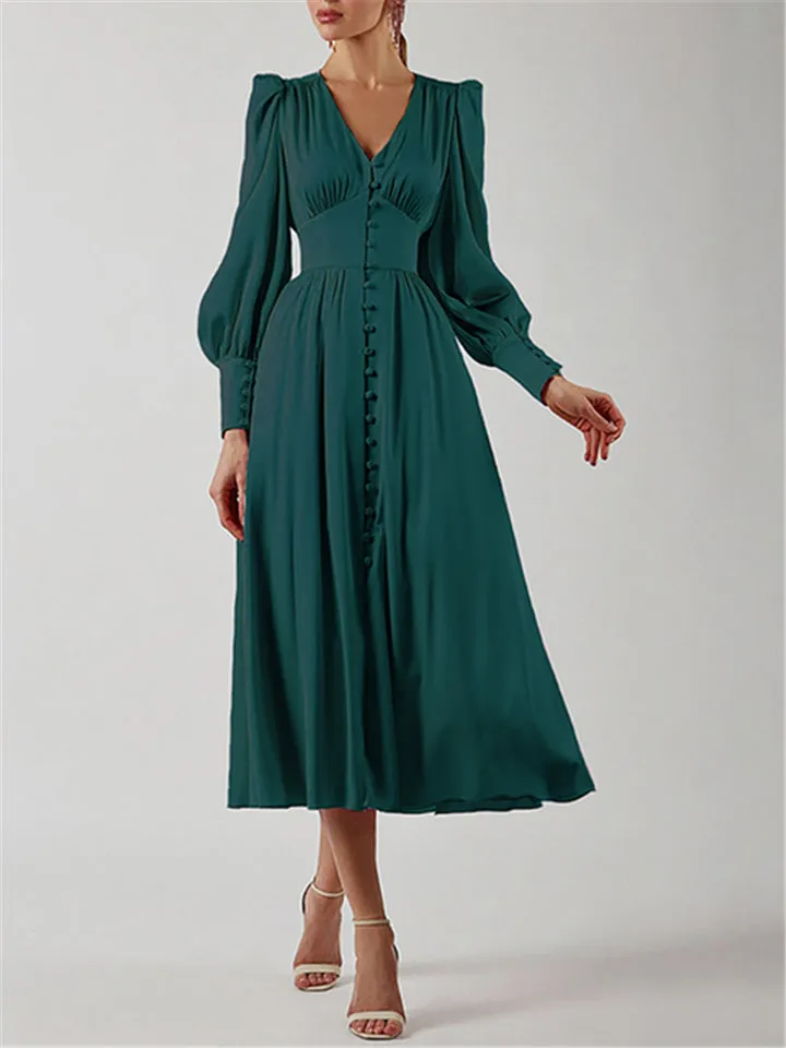 V-Neck Single Breasted High Waist Long Dress