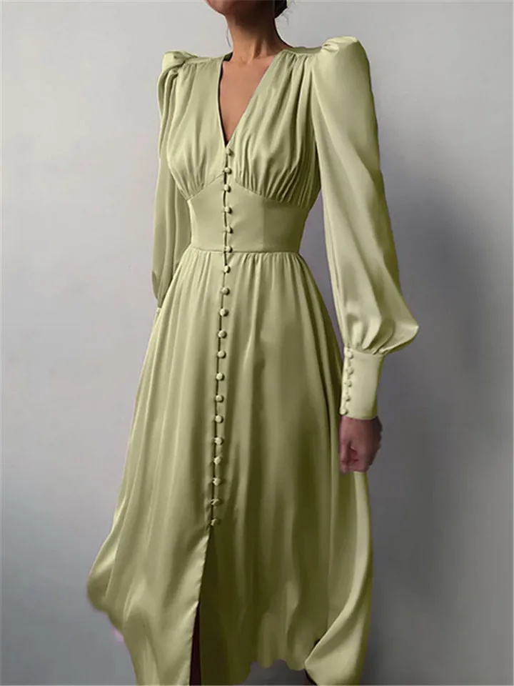 V-Neck Single Breasted High Waist Long Dress