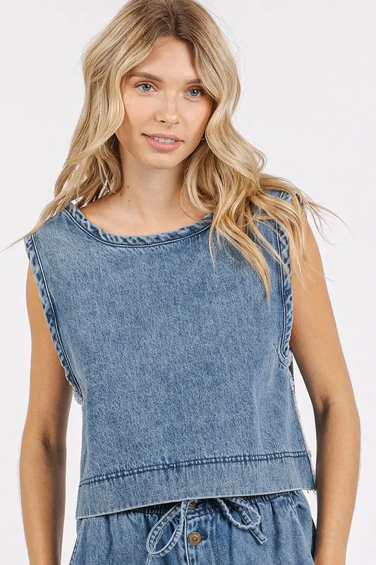 Washed Denim Distressed Detail Crop Tank
