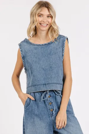 Washed Denim Distressed Detail Crop Tank