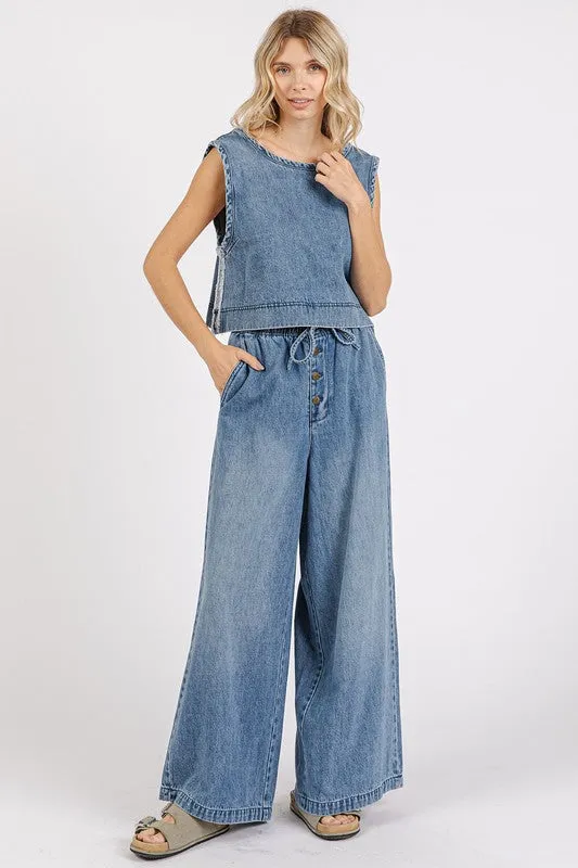 Washed Denim Distressed Detail Crop Tank