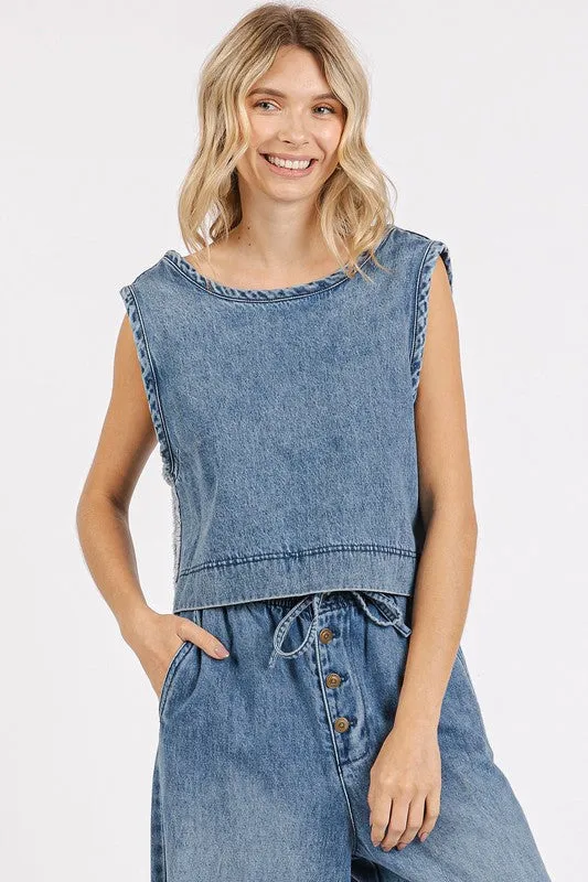 Washed Denim Distressed Detail Crop Tank