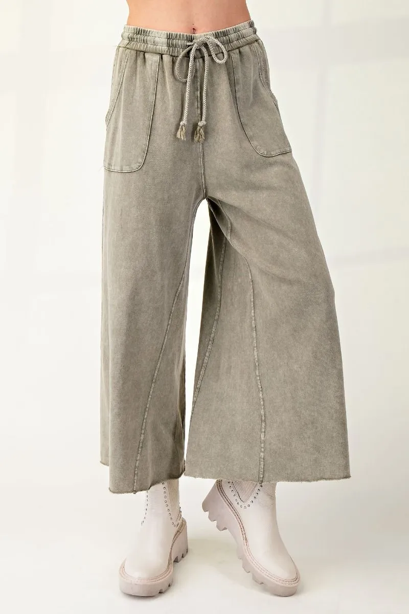 Washed Terry Knit Wide Leg Pants - Ash Olive (S-3X)
