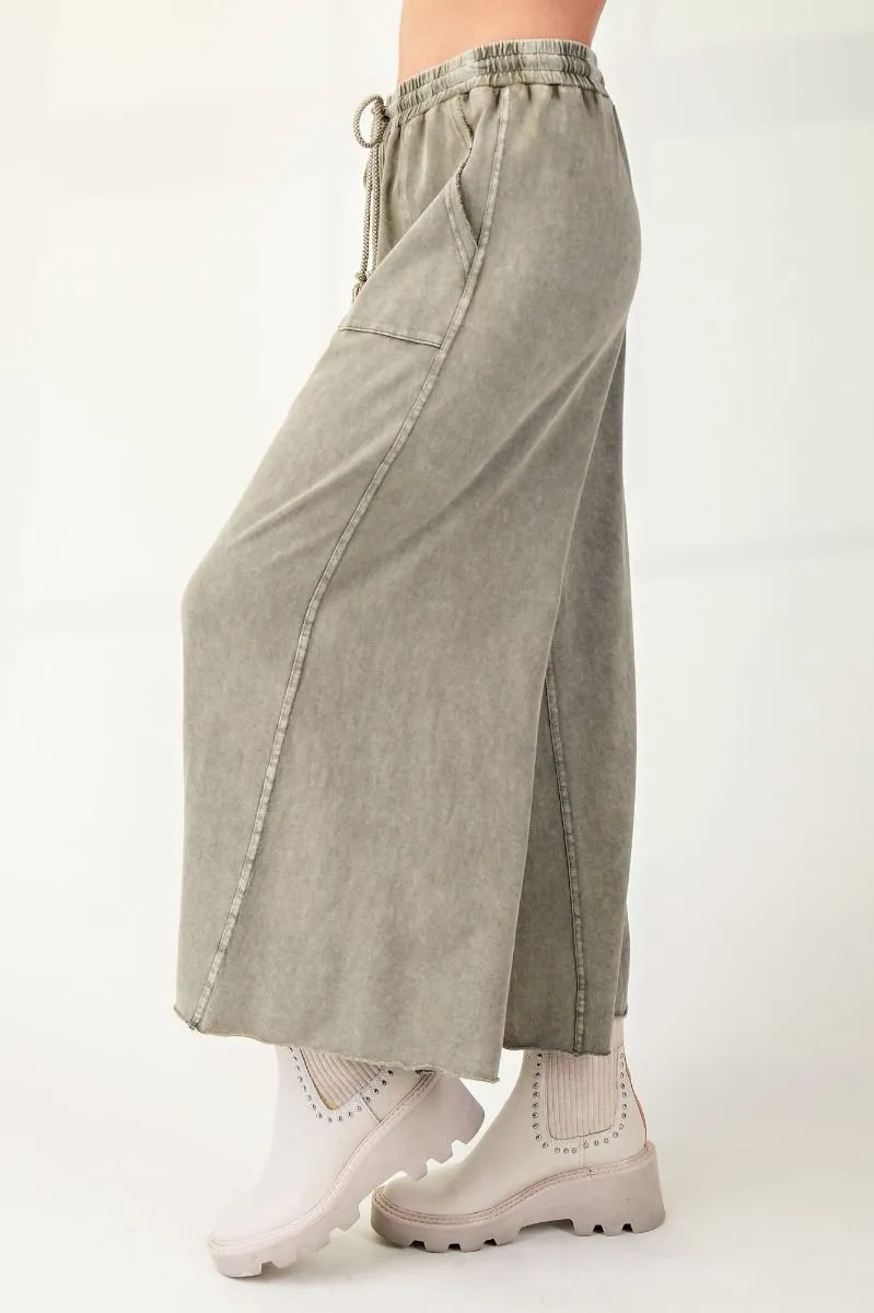 Washed Terry Knit Wide Leg Pants - Ash Olive (S-3X)