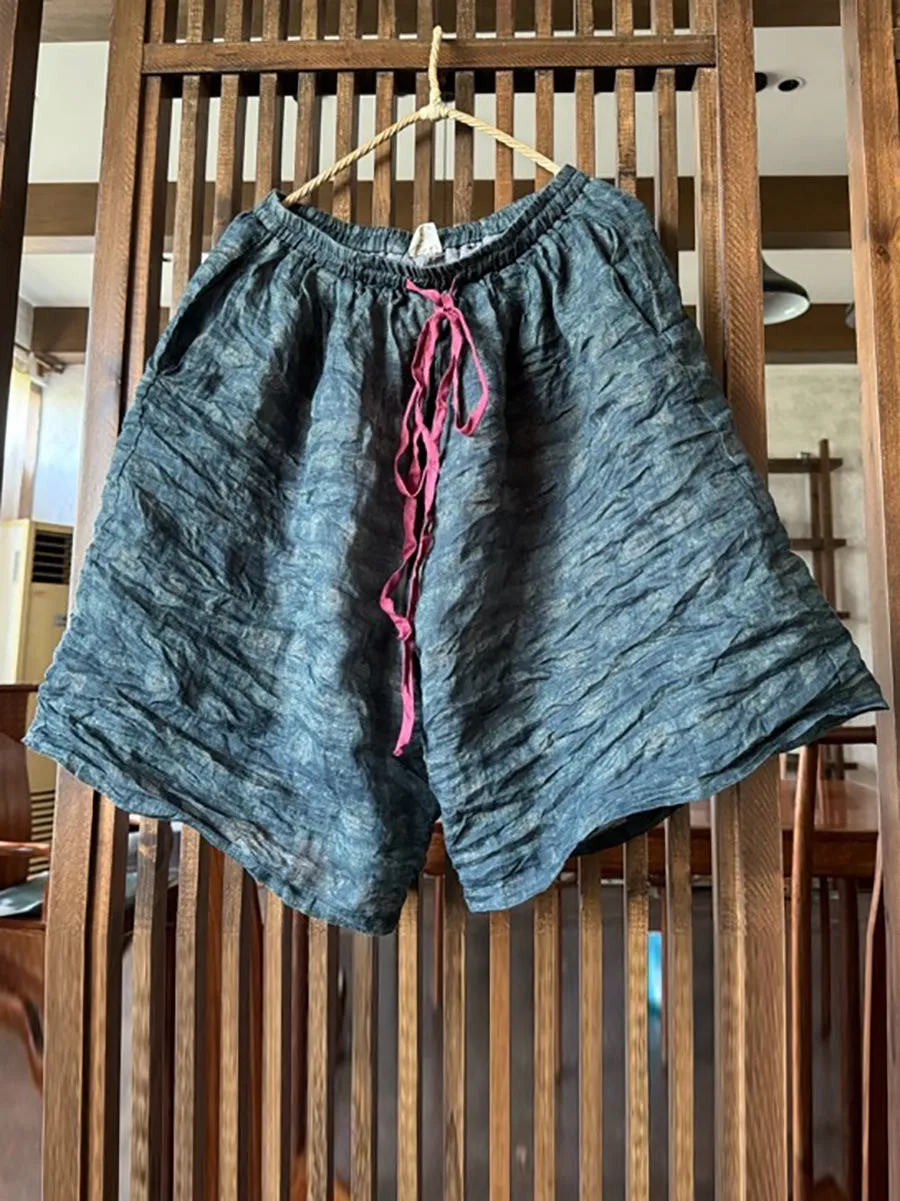 Women Summer Vintage Flower Loose Ramie Shorts