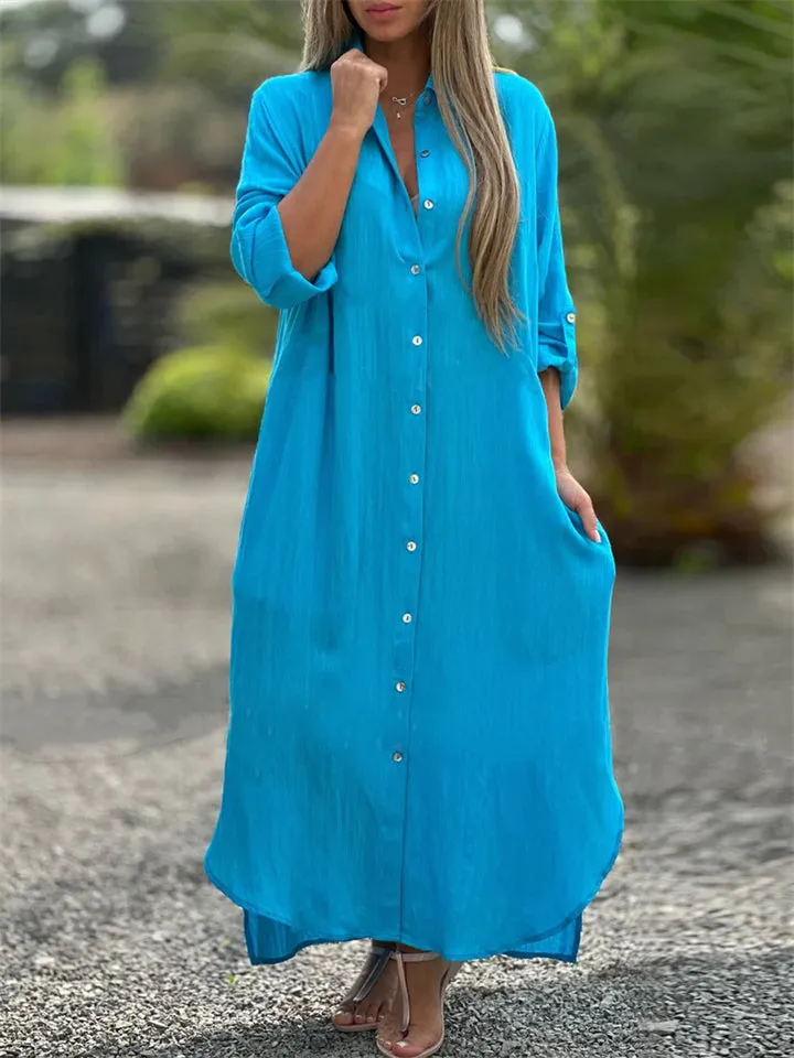 Women's Casual Button Up Turn-down Collar Dresses
