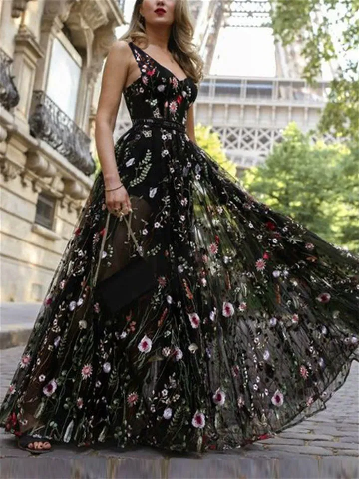 Women's French Style Deep V Neck Backless Embroidery Black Dress