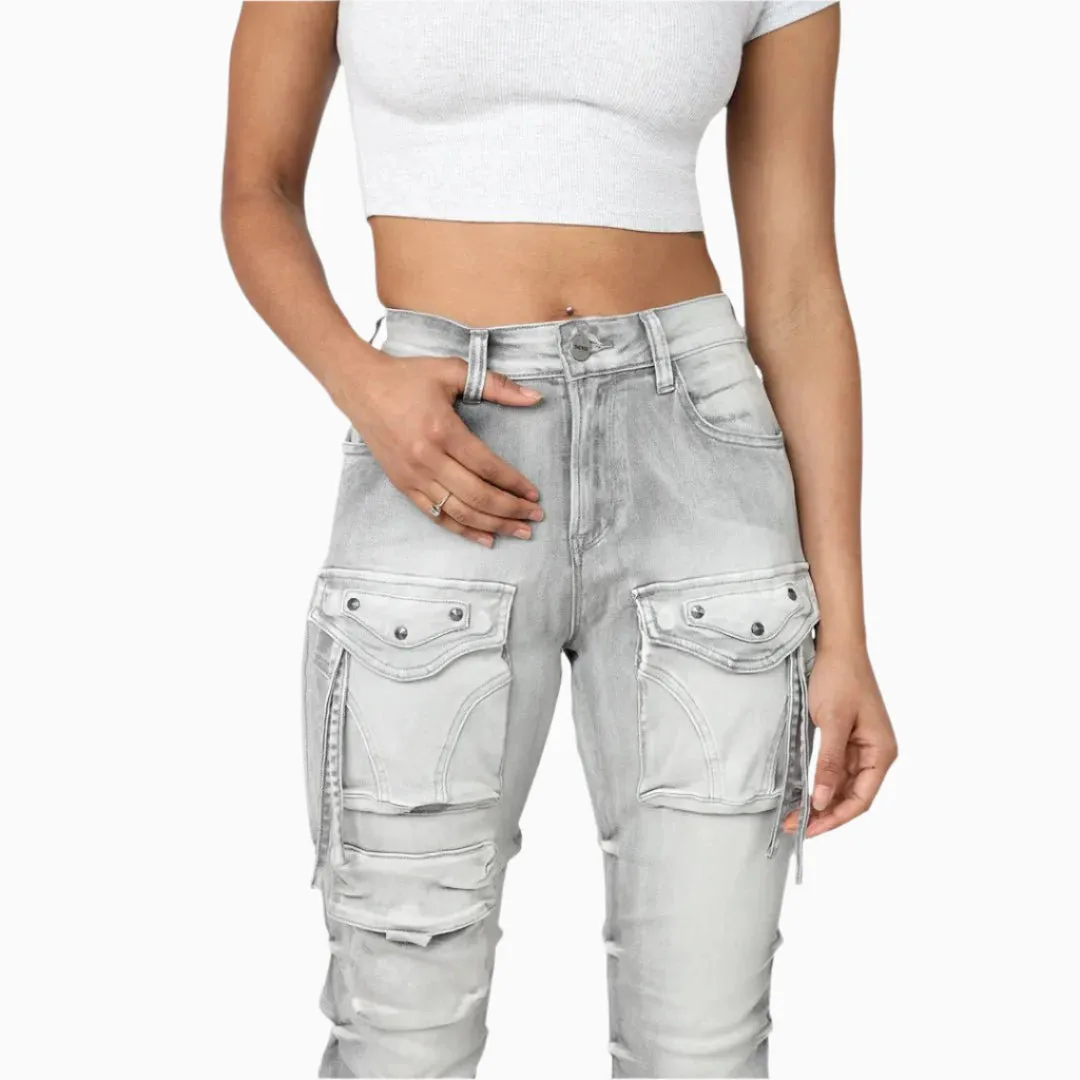 Women's High Rise Lightening Wash Stack Jeans Pant