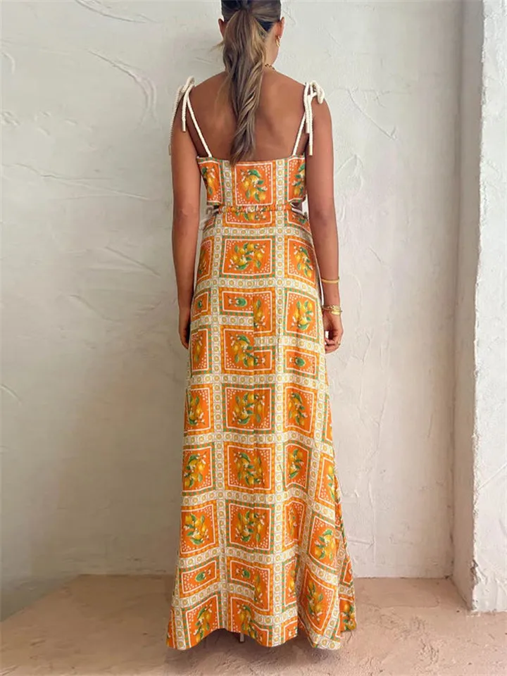 Women's Leisure Orange Square Print Drawstring A-line Dress