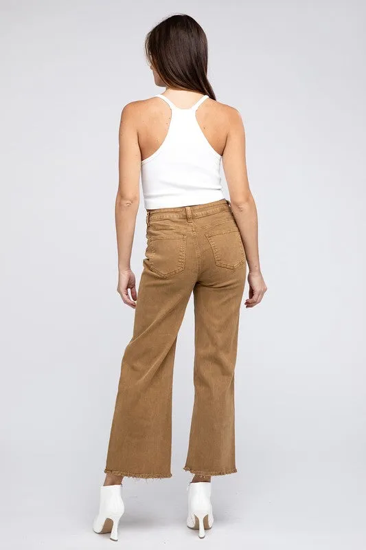 ZENANA Acid Wash Frayed Cutoff Hem Straight Wide Pants