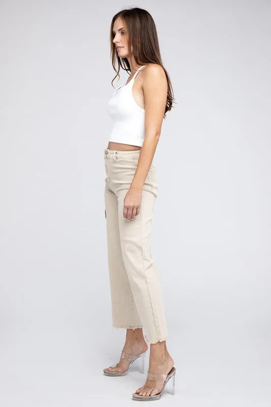ZENANA Acid Wash Frayed Cutoff Hem Straight Wide Pants