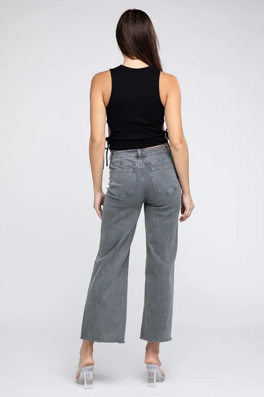 ZENANA Acid Wash Frayed Cutoff Hem Straight Wide Pants