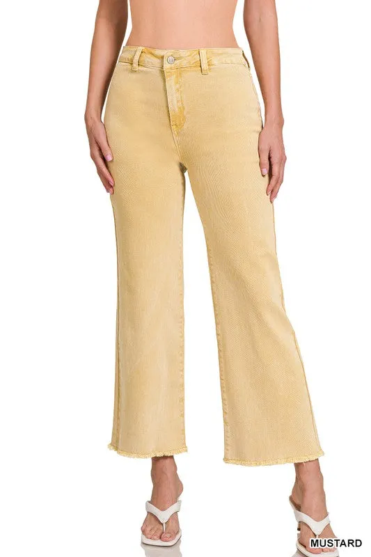 ZENANA Acid Wash Frayed Cutoff Hem Straight Wide Pants