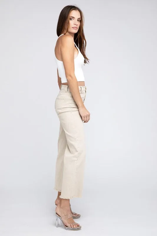 ZENANA Acid Wash Frayed Cutoff Hem Straight Wide Pants