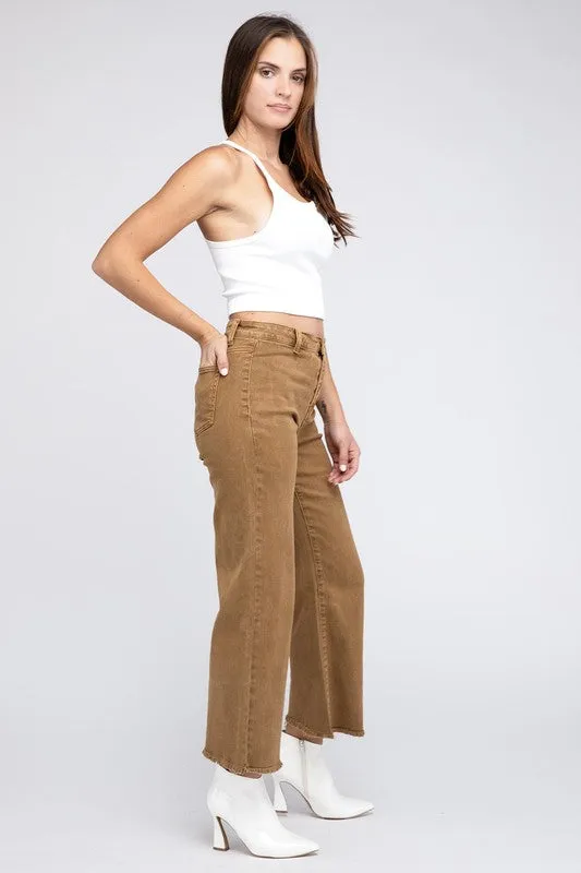 ZENANA Acid Wash Frayed Cutoff Hem Straight Wide Pants