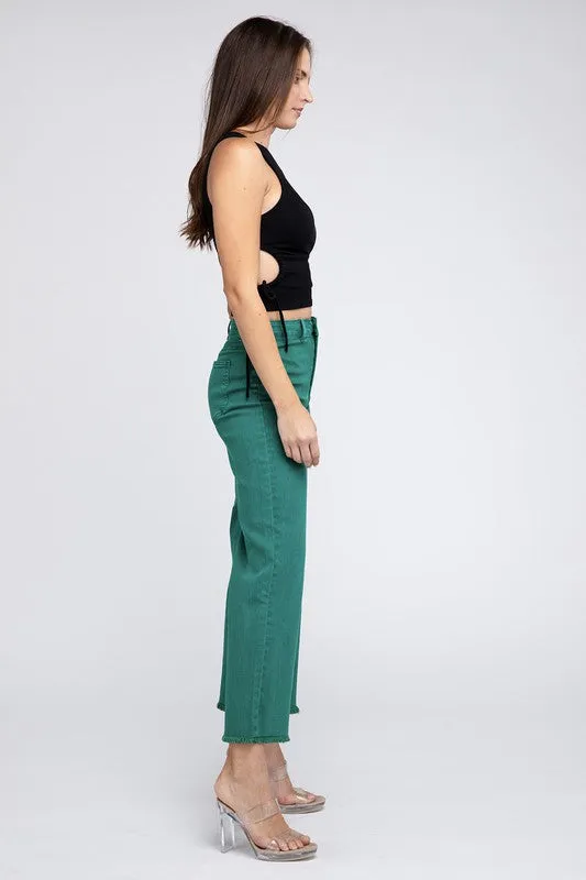 ZENANA Acid Wash Frayed Cutoff Hem Straight Wide Pants