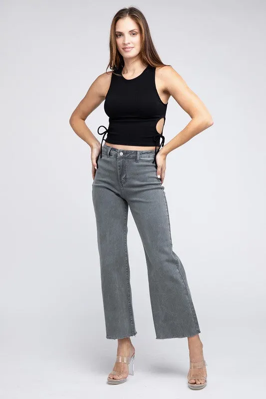 ZENANA Acid Wash Frayed Cutoff Hem Straight Wide Pants