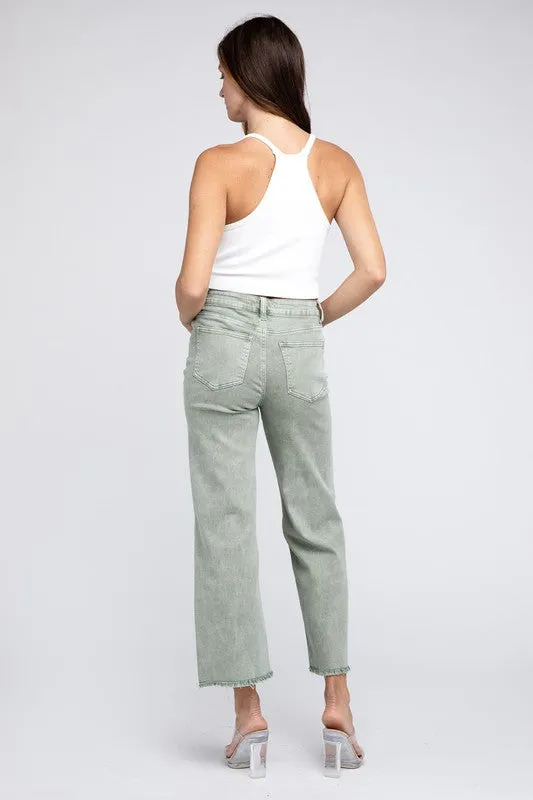 ZENANA Acid Wash Frayed Cutoff Hem Straight Wide Pants