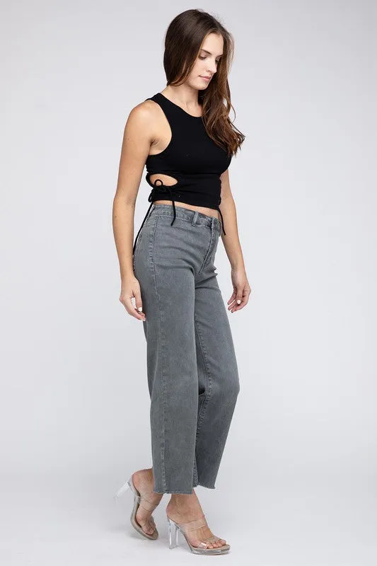 ZENANA Acid Wash Frayed Cutoff Hem Straight Wide Pants