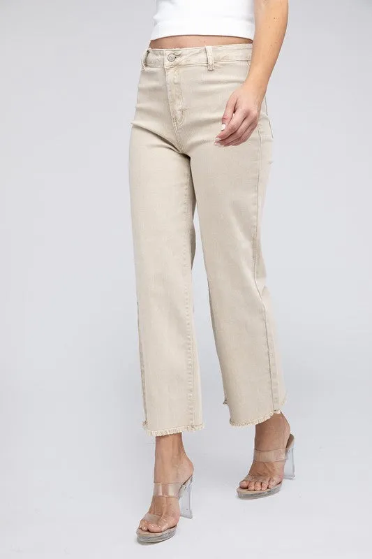 ZENANA Acid Wash Frayed Cutoff Hem Straight Wide Pants