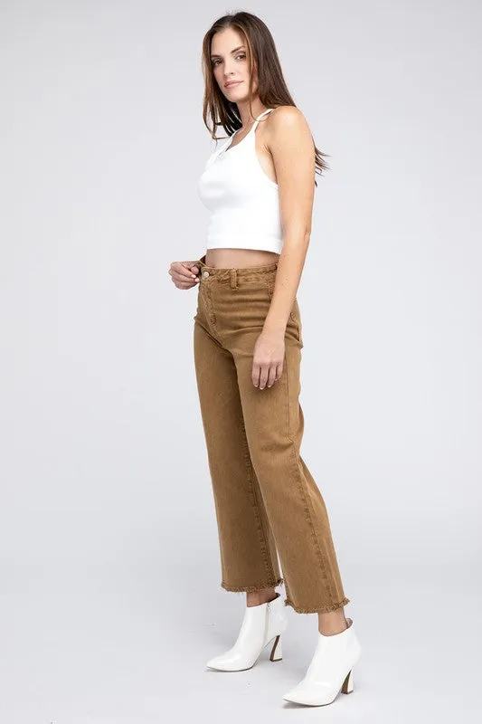 ZENANA Acid Wash Frayed Cutoff Hem Straight Wide Pants