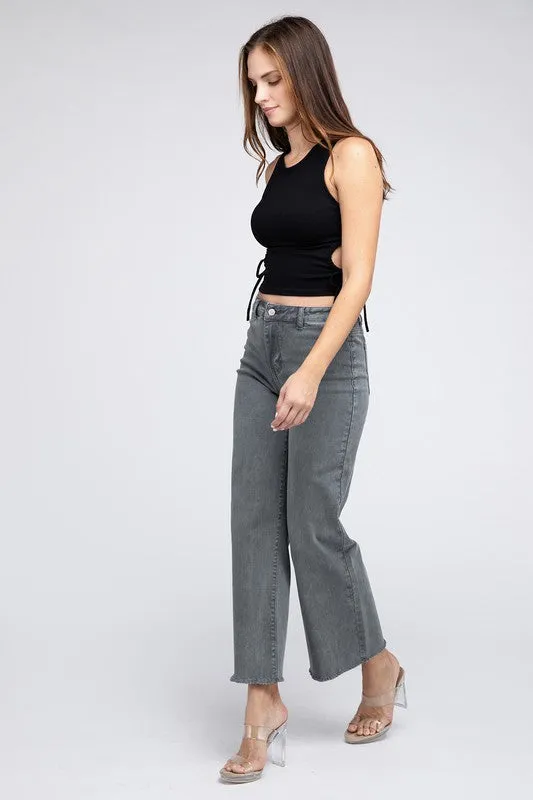 ZENANA Acid Wash Frayed Cutoff Hem Straight Wide Pants