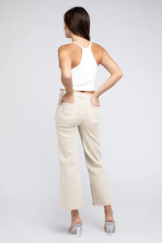ZENANA Acid Wash Frayed Cutoff Hem Straight Wide Pants