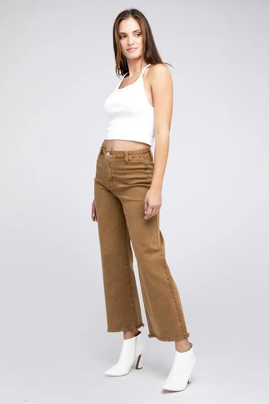 ZENANA Acid Wash Frayed Cutoff Hem Straight Wide Pants