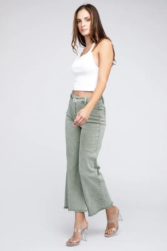 ZENANA Acid Wash Frayed Cutoff Hem Straight Wide Pants