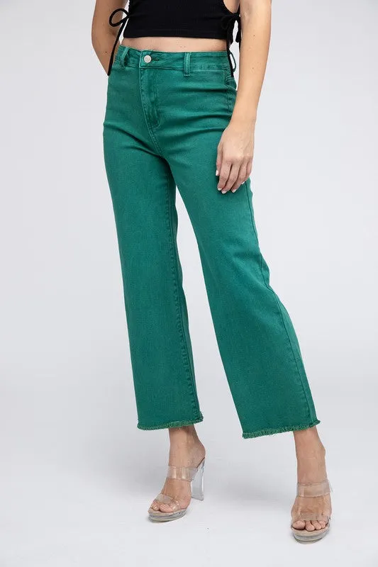 ZENANA Acid Wash Frayed Cutoff Hem Straight Wide Pants