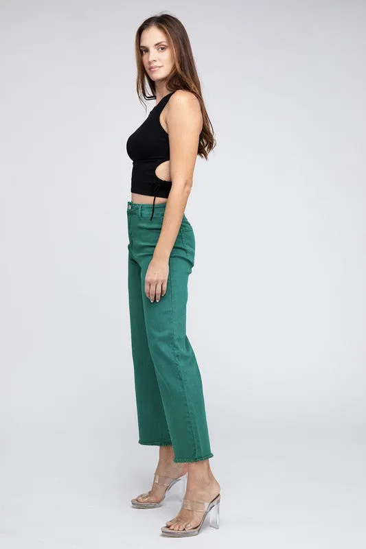 ZENANA Acid Wash Frayed Cutoff Hem Straight Wide Pants