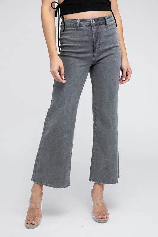 ZENANA Acid Wash Frayed Cutoff Hem Straight Wide Pants