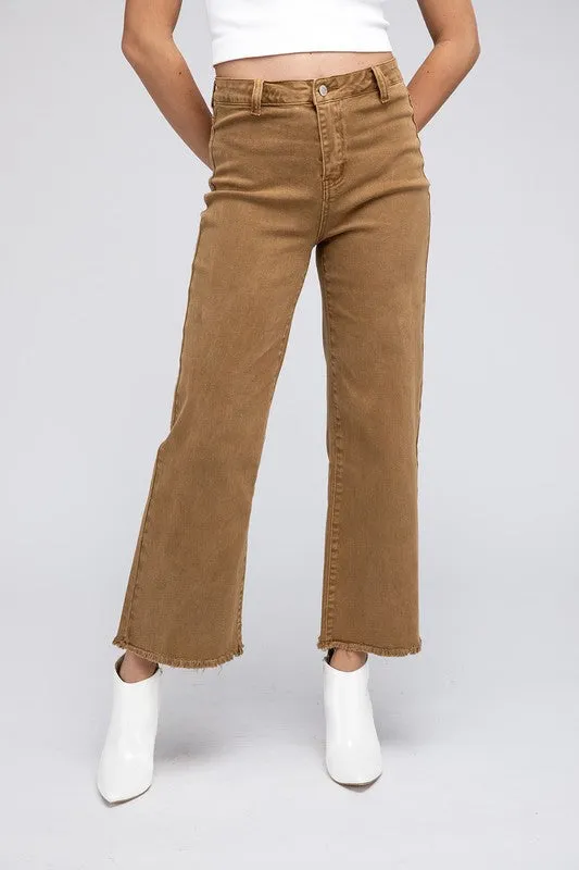 ZENANA Acid Wash Frayed Cutoff Hem Straight Wide Pants