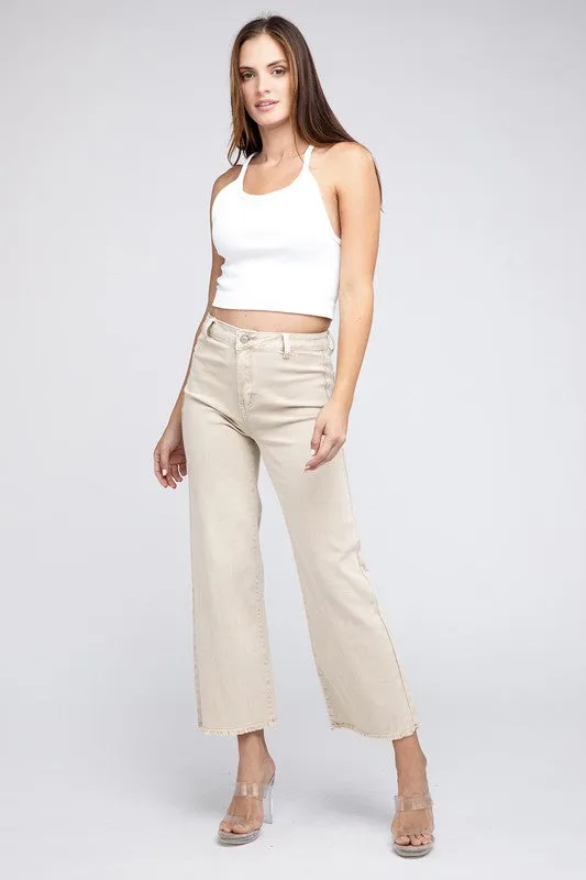 ZENANA Acid Wash Frayed Cutoff Hem Straight Wide Pants