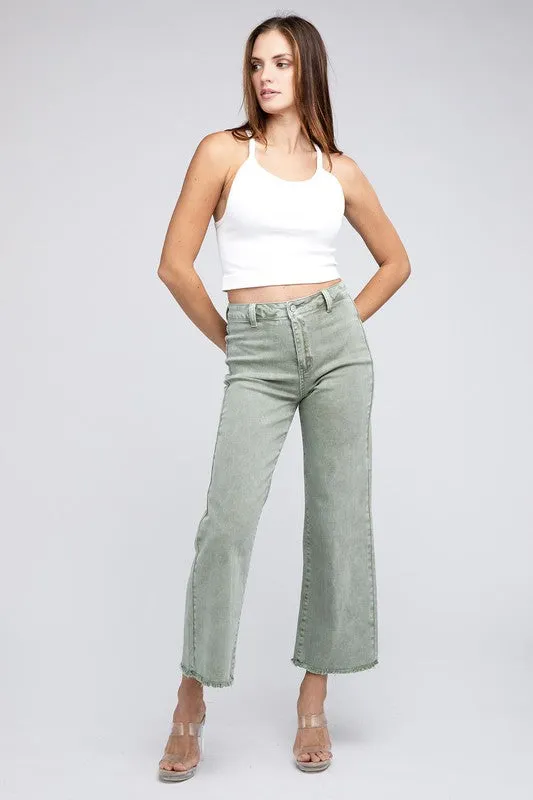 ZENANA Acid Wash Frayed Cutoff Hem Straight Wide Pants