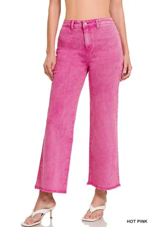 ZENANA Acid Wash Frayed Cutoff Hem Straight Wide Pants