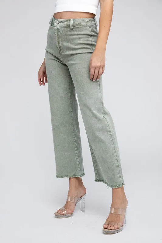 ZENANA Acid Wash Frayed Cutoff Hem Straight Wide Pants