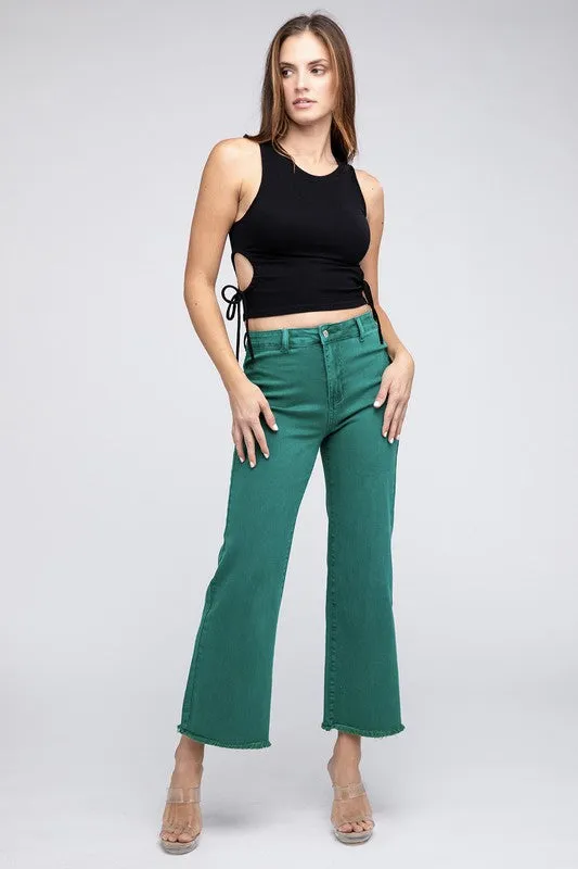 ZENANA Acid Wash Frayed Cutoff Hem Straight Wide Pants